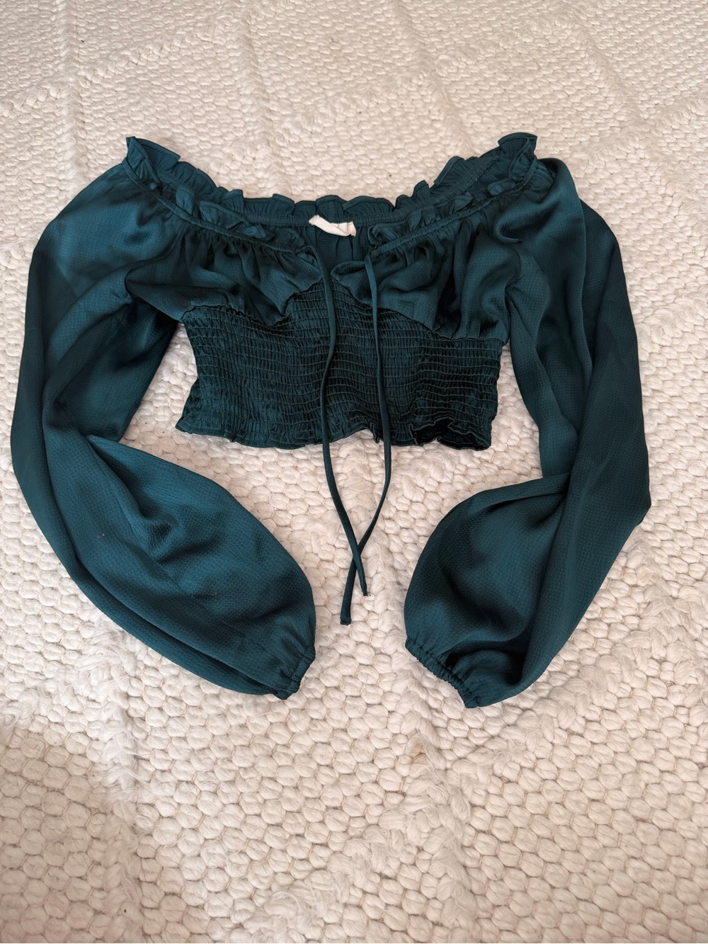 Altar'd State Teal Off-Shoulder Smocked Crop Top with Balloon Sleeves